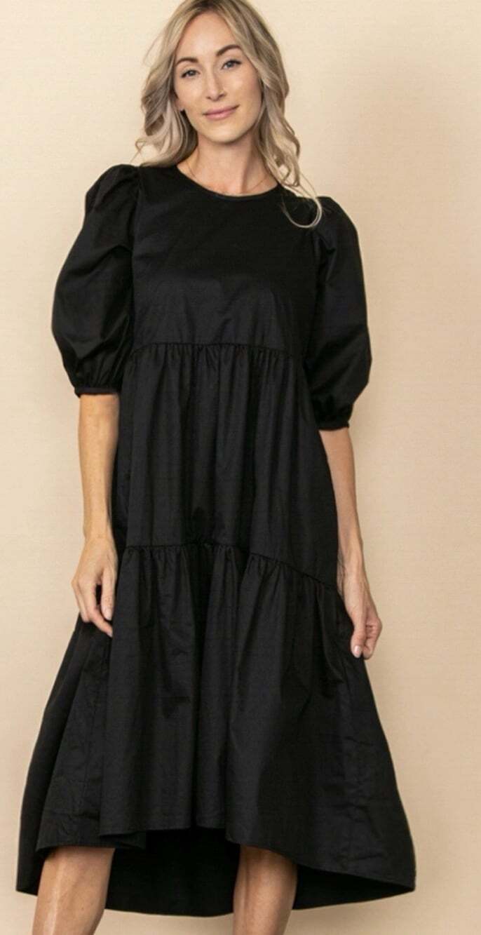 Elloh Womens Poplin Puff Sleeve Tiered Midi Dress Size Large Black Pockets A259